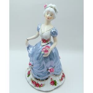 Porcelain Lady Figurine Blue Dress Pink Roses Bouquet Victorian Style